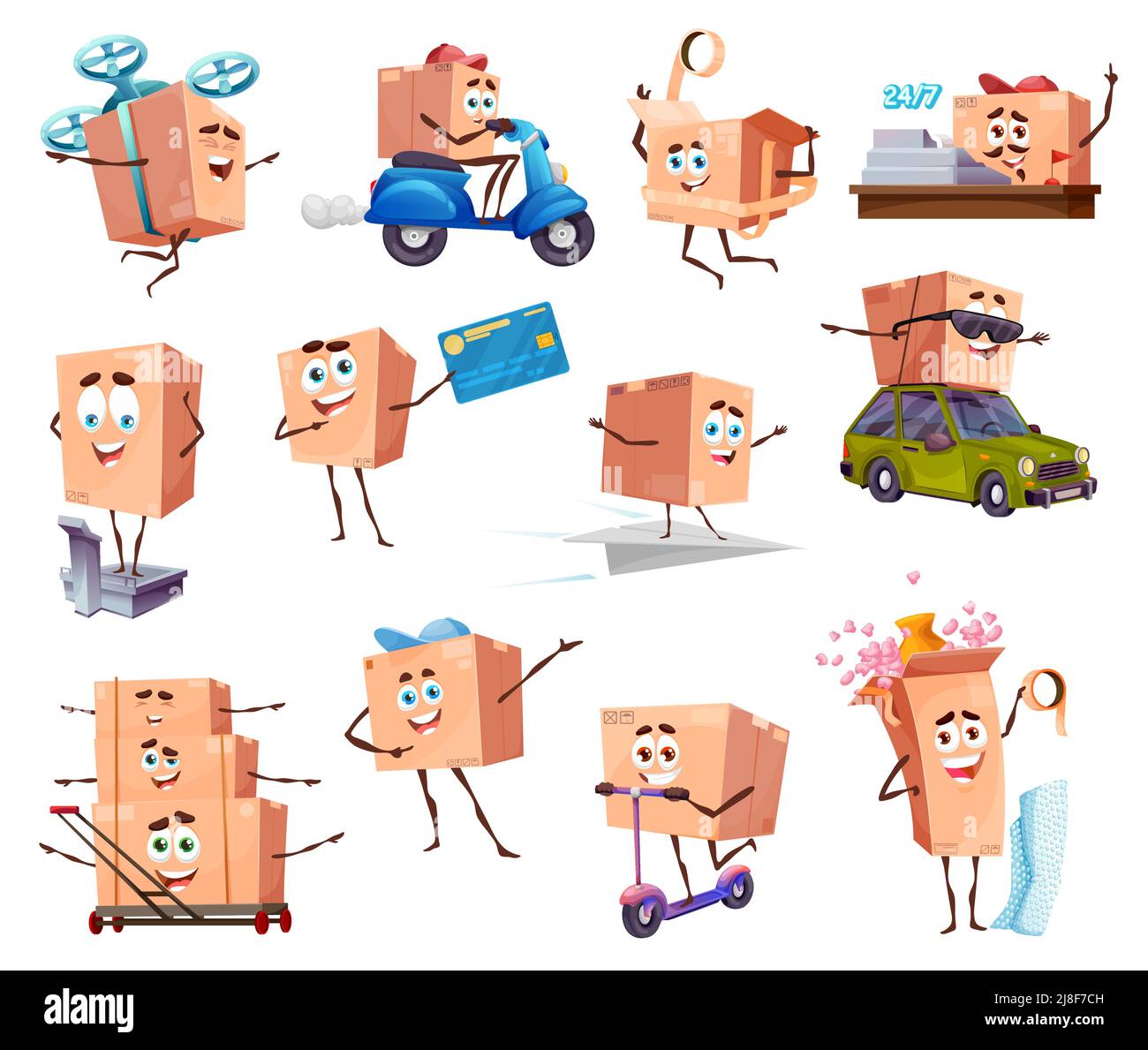CartoonPakete und Kartonfiguren. Versand und Lieferung. Vector Paket