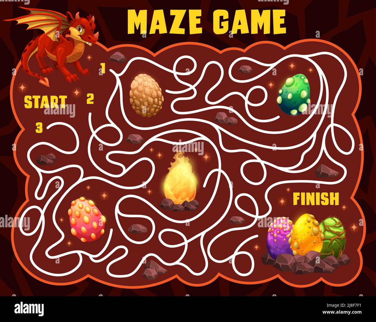 Labyrinth Labyrinth Labyrinth Rätsel mit Cartoon-Dinosaurier oder Drachen und Eier in der Höhle. Vektorspiel, Puzzle oder Quiz Arbeitsblatt Vorlage. Hilf dem Drachen, den Weg zu Eiern mit einem Hintergrund aus braunen Höhlensteinen zu finden Stock Vektor