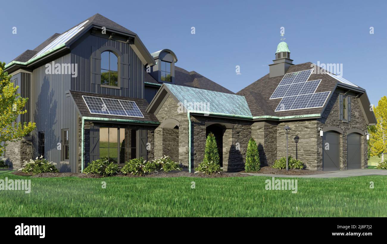 Eine architektonische Darstellung eines zeitgenössischen schwarzen Hauses mit recyceltem Patina-Kupfer-Besatz und Sonnenkollektoren aus dem Jahr 3D. Stockfoto