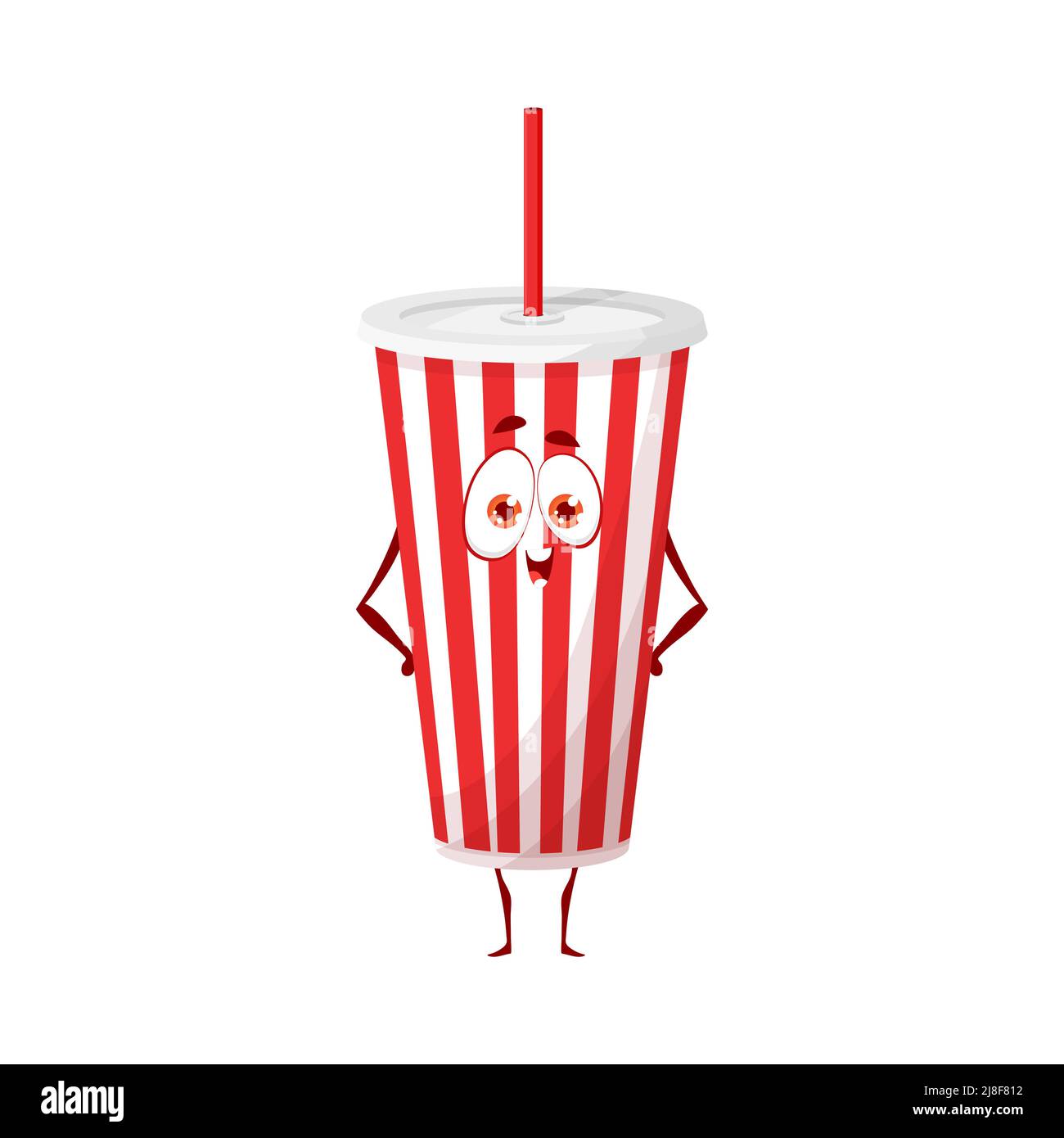 Lustige Soda-Tasse Cartoon-Charakter, Vektor kohlensäurehaltige Getränk lustige Maskottchen mit Armen Akimbo und lächelndes Gesicht. Gestreifter Papierbecher mit Strohhalm und Kunststoffdeckel. Getränk zum Mitnehmen isoliert auf Weiß Stock Vektor