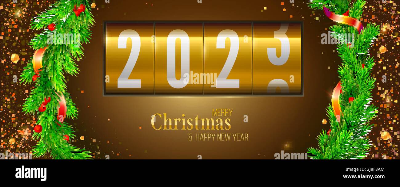 Goldene Countdown-Uhr mit Zahlen 2023. Neujahr Banner mit Weihnachtsdekoration. Stock Vektor