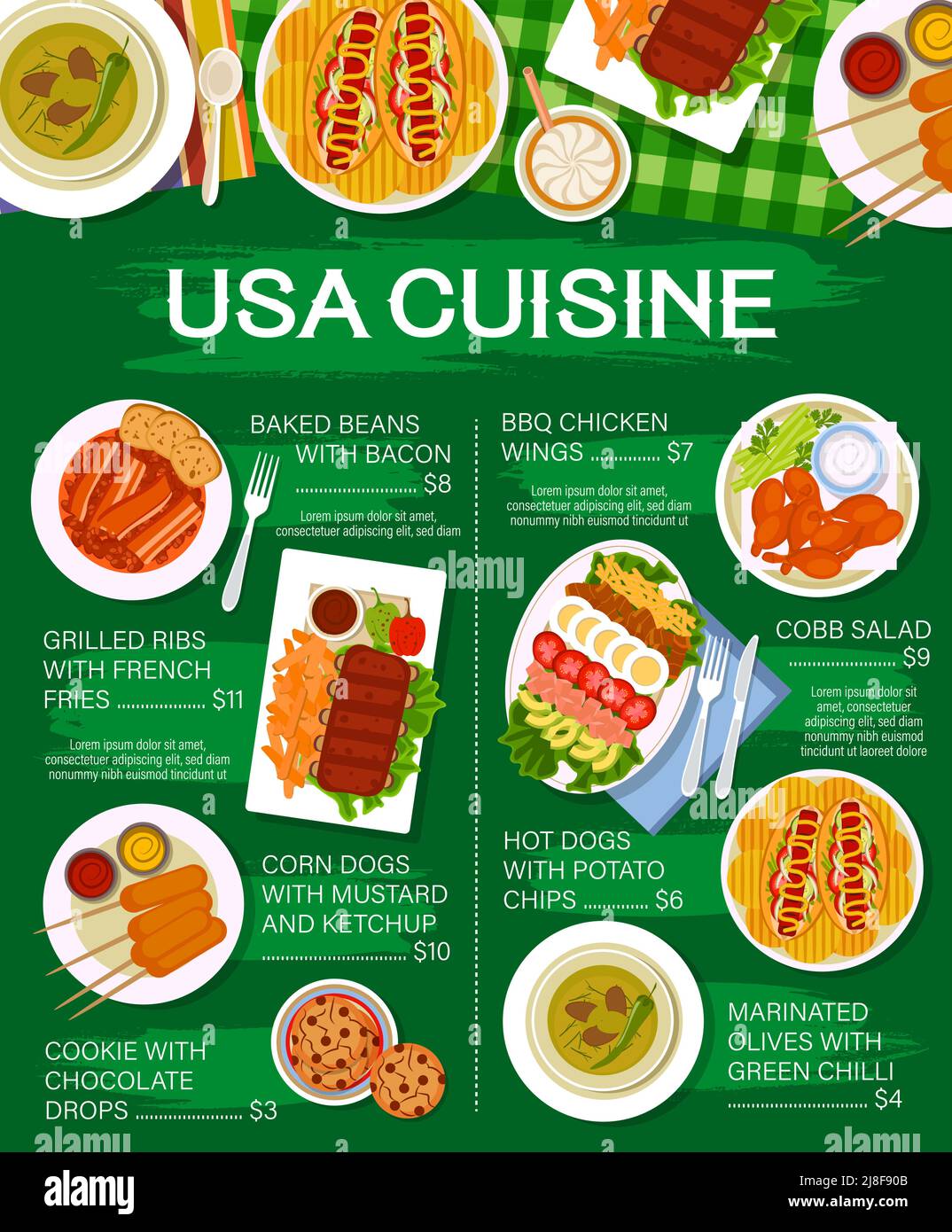 USA Cuisine Restaurant Fleischgerichte Menüseite. Gebackene Bohnen mit Speck, gegrillte Rippchen und Maishunde, Kekse mit Schokoladentropfen, BBQ-Hühnchen- und cobb-Salat, Hot Dogs, marinierte Oliven mit Chili-Vektor Stock Vektor