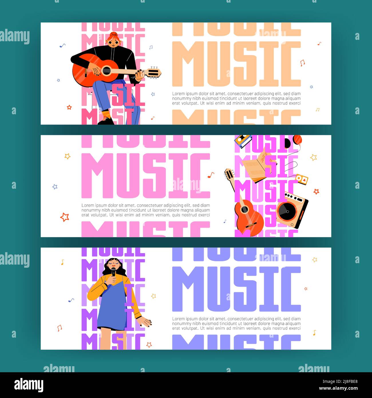 Musikplakate mit Sängerinnen und Musikerinnen mit Gitarre. Vektor-horizontale Banner mit flacher Illustration von Künstlerinnen mit Mikrofon und Instrument führen auf Konzert, Show oder Festival Stock Vektor Musikplakate mit Sängerinnen und Musikerinnen mit Gitarre. Vektor-horizontale Banner mit flacher Illustration von Künstlerinnen mit Mikrofon und Instrument führen auf Konzert, Show oder Festival Stock Vektor