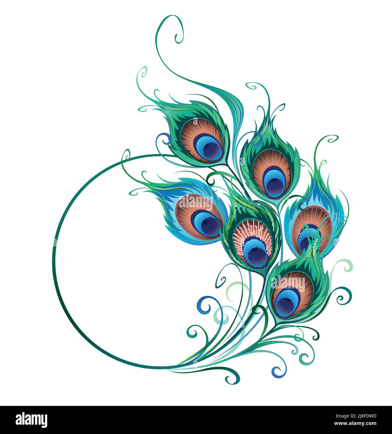 Rundes Monogramm mit künstlerisch gezeichneten, grünen und blauen Pfauenfedern auf weißem Hintergrund. Pfauenfeder. Stock Vektor