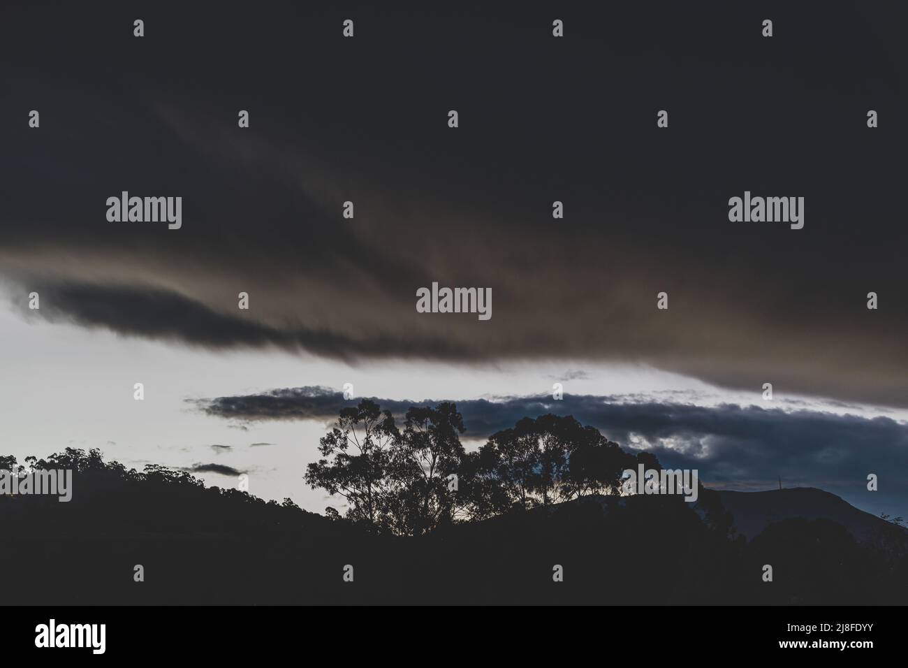 Stürmische Dämmerung über den Bergen mit Eukalyptusbäumen und Silhouetten, die im Winter in Tasmanien aufgenommen wurden Stockfoto