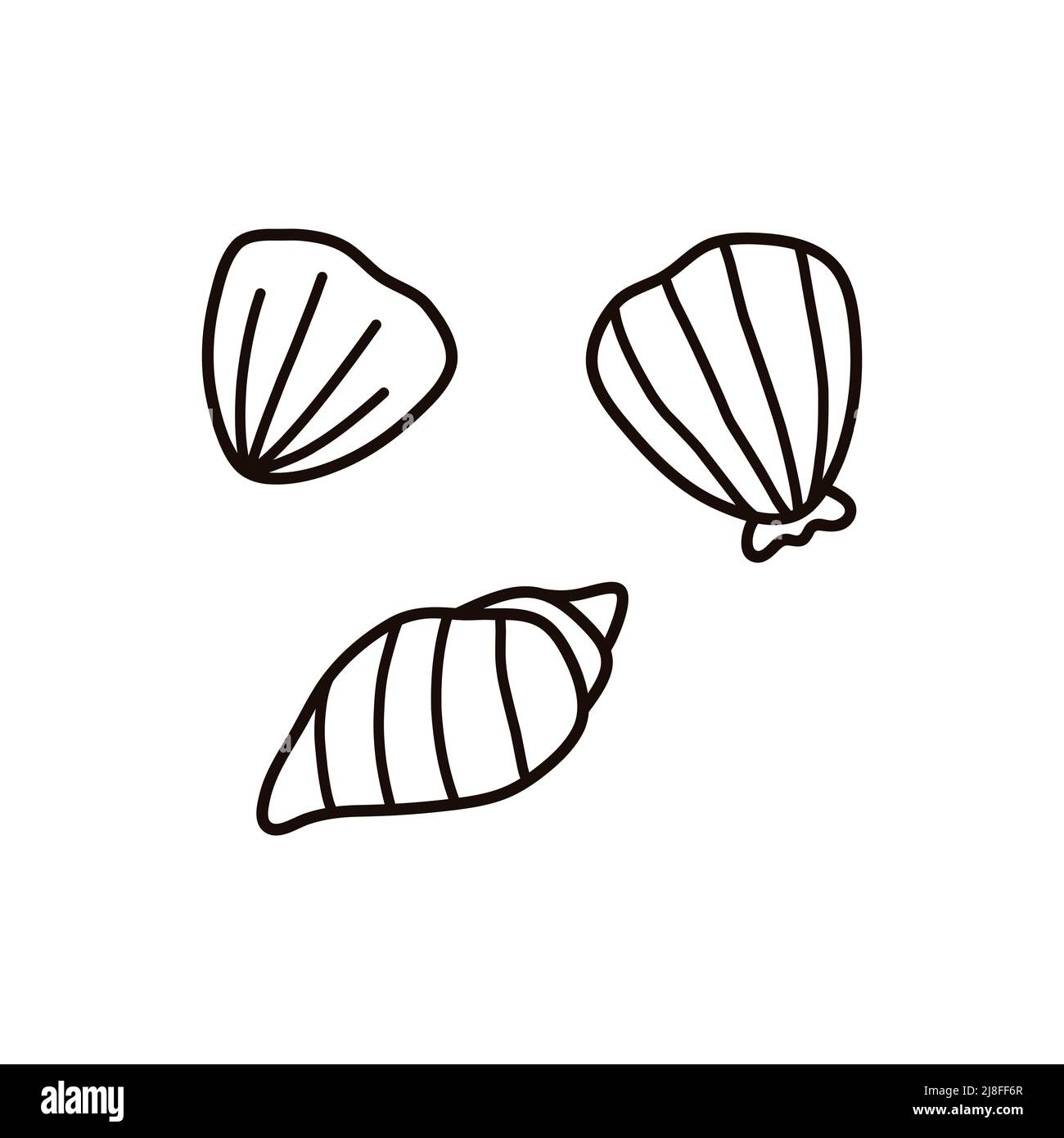 Niedliche Muscheln in verschiedenen Formen isoliert auf weißem Hintergrund. Vektor-handgezeichnete Illustration im Doodle-Stil. Perfekt für Sommer-Designs, Karten, Logo, Dekorationen. Stock Vektor