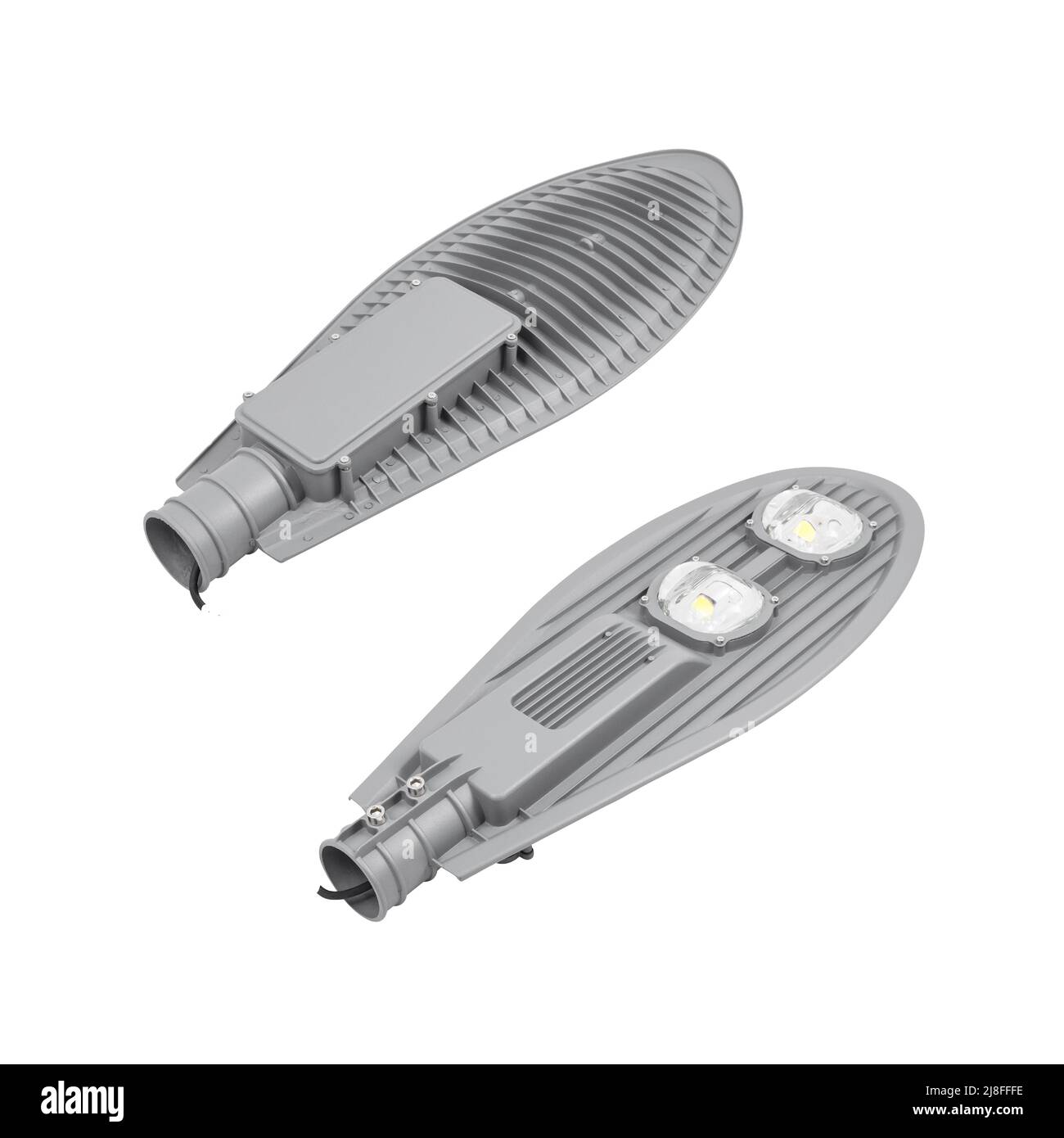 LED-Lampe für Straßenbeleuchtung isoliert auf weißem Hintergrund. Outdoor-LED-Beleuchtung für die Montage auf Stützen, Masten, Masten, Masten. Stockfoto