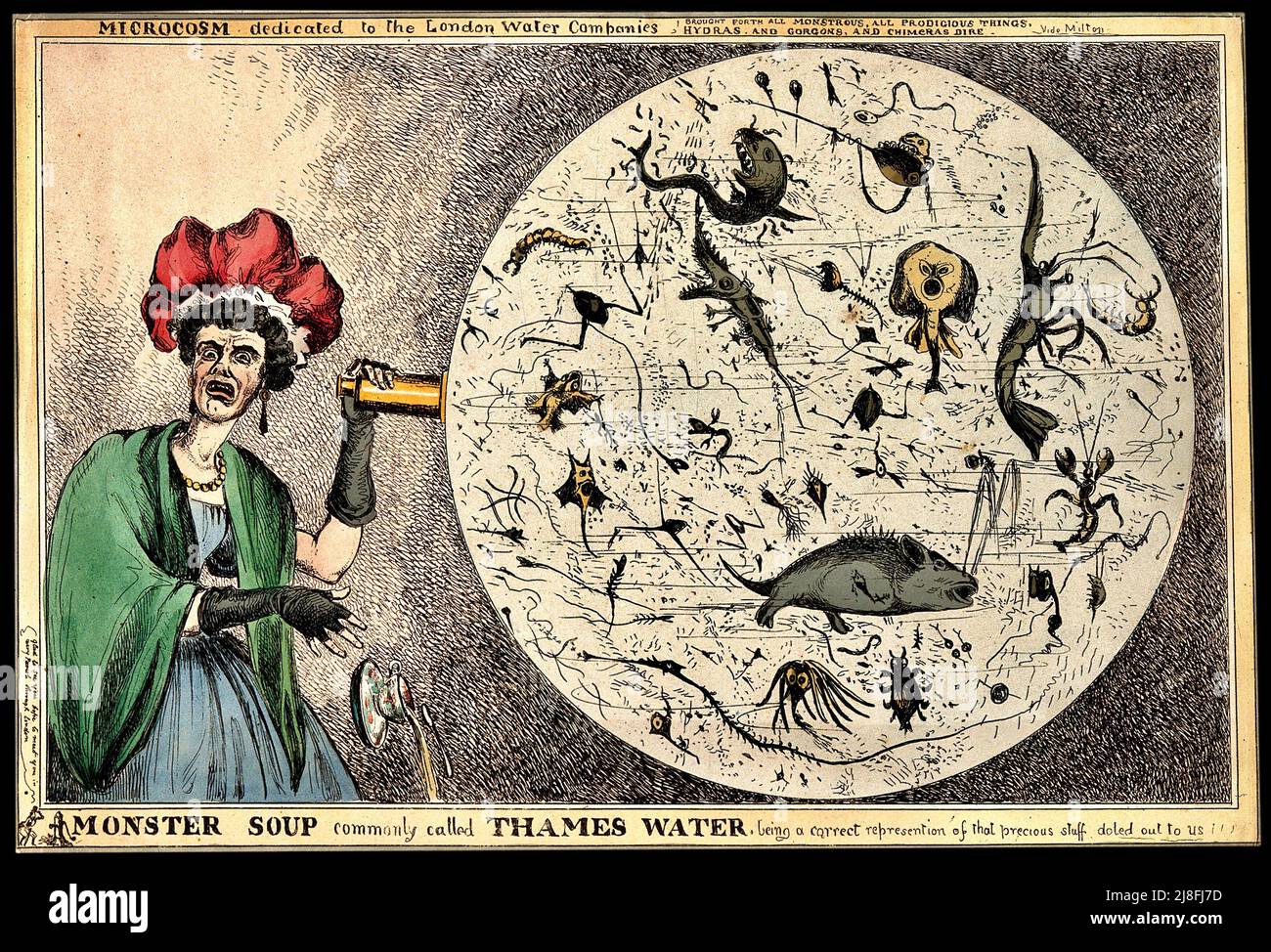 William Heath – Monster Soup, gemeinhin als Thames Water bezeichnet – Eine Frau lässt ihre Teetasse entsetzt fallen, wenn sie einen vergrößerten Tropfen verschmutzten Themsenwassers sieht Stockfoto