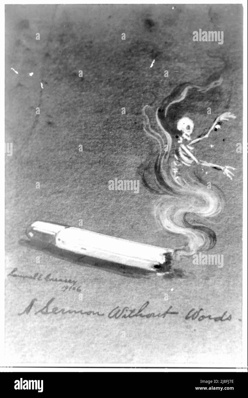 Eine Predigt ohne Worte - Frühwarnposter, auf dem die Gesundheitsrisiken des Rauchens hervorgehoben werden. Ein Skelett ist im Tabakrauch zu sehen - 1906 Stockfoto