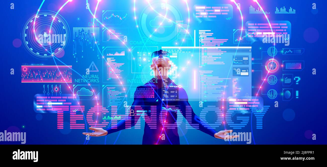 VR-Technologie in der Industrie. Mann in VR-Brille in der virtuellen Realität mit Blick auf die Projektion der holografischen HUD-Schnittstelle. Futuristischer Wissenschaftler, der in arbeitet Stock Vektor