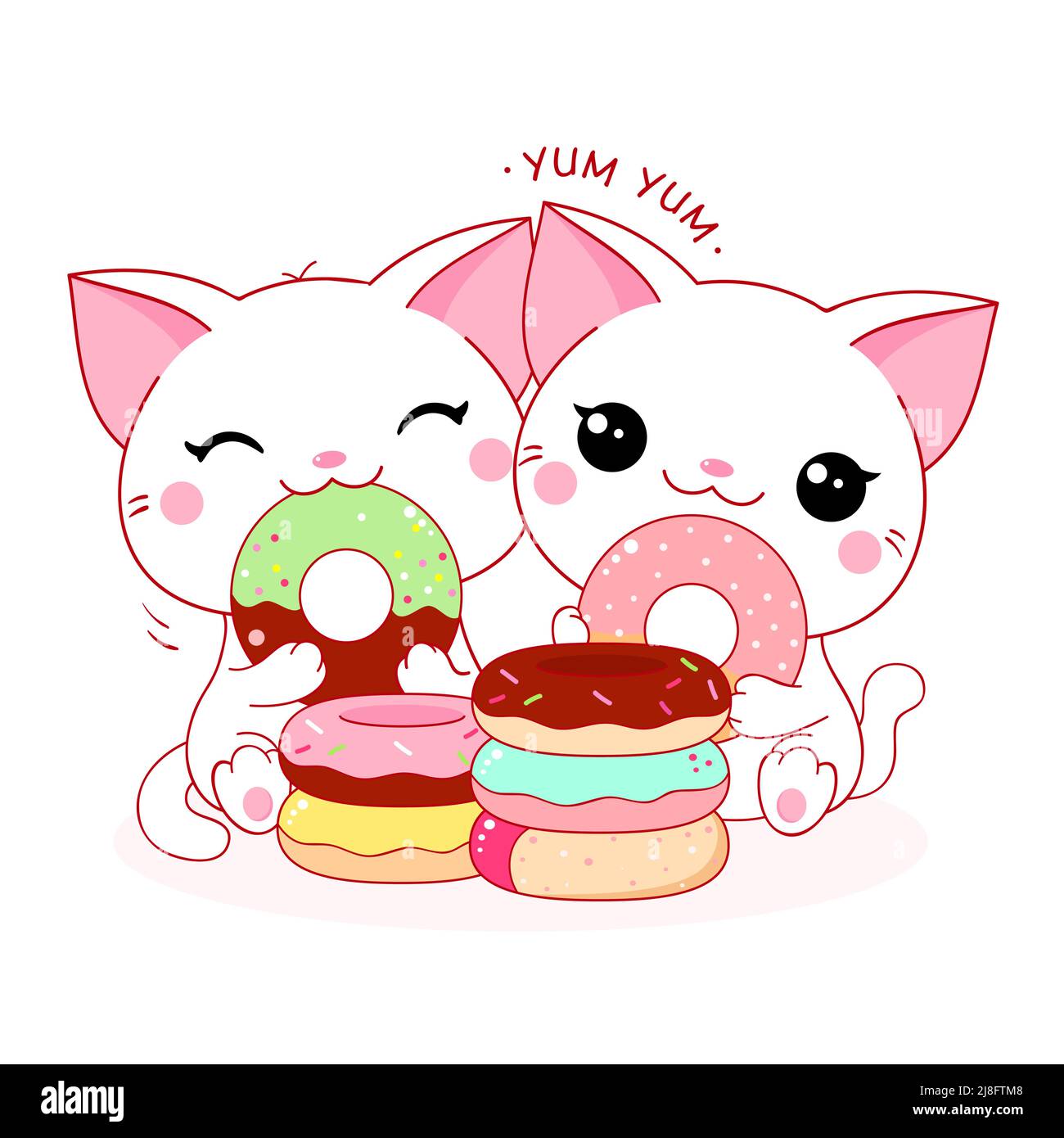 Zwei niedliche weiße Katzen mit Donuts. Inschrift Yum yum. Kawaii kleine Kätzchen sind glücklich, Donut zu essen. Freunde haben Picknick. Vektorgrafik EPS8 Stock Vektor