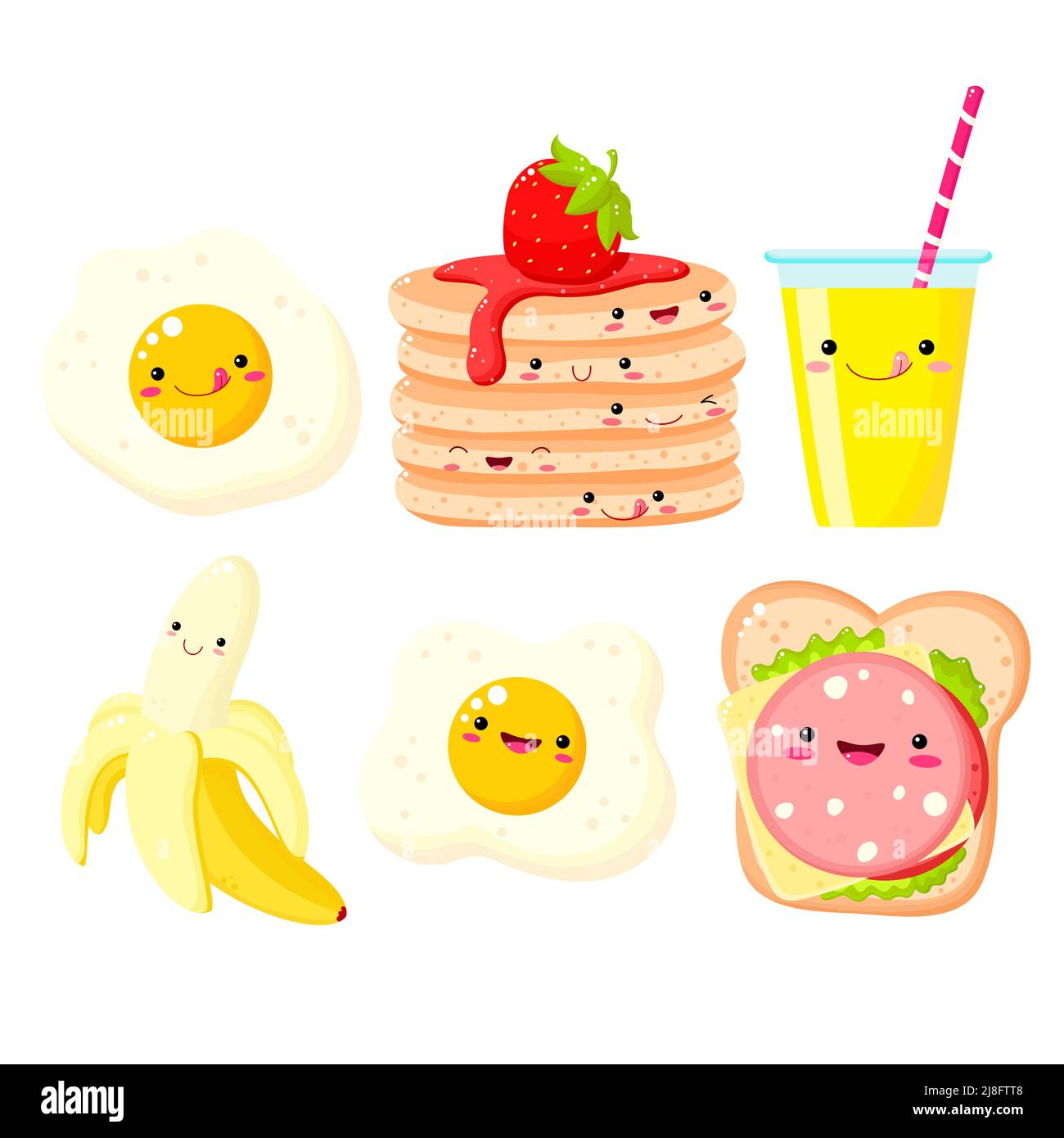 Frühstückszeit. Set mit niedlichen Food-Ikonen im Kawaii-Stil für süßes Design. Banane, Orangensaft, Pfannkuchen, Käse- und Gemüsesandwich, Rühreier Stock Vektor