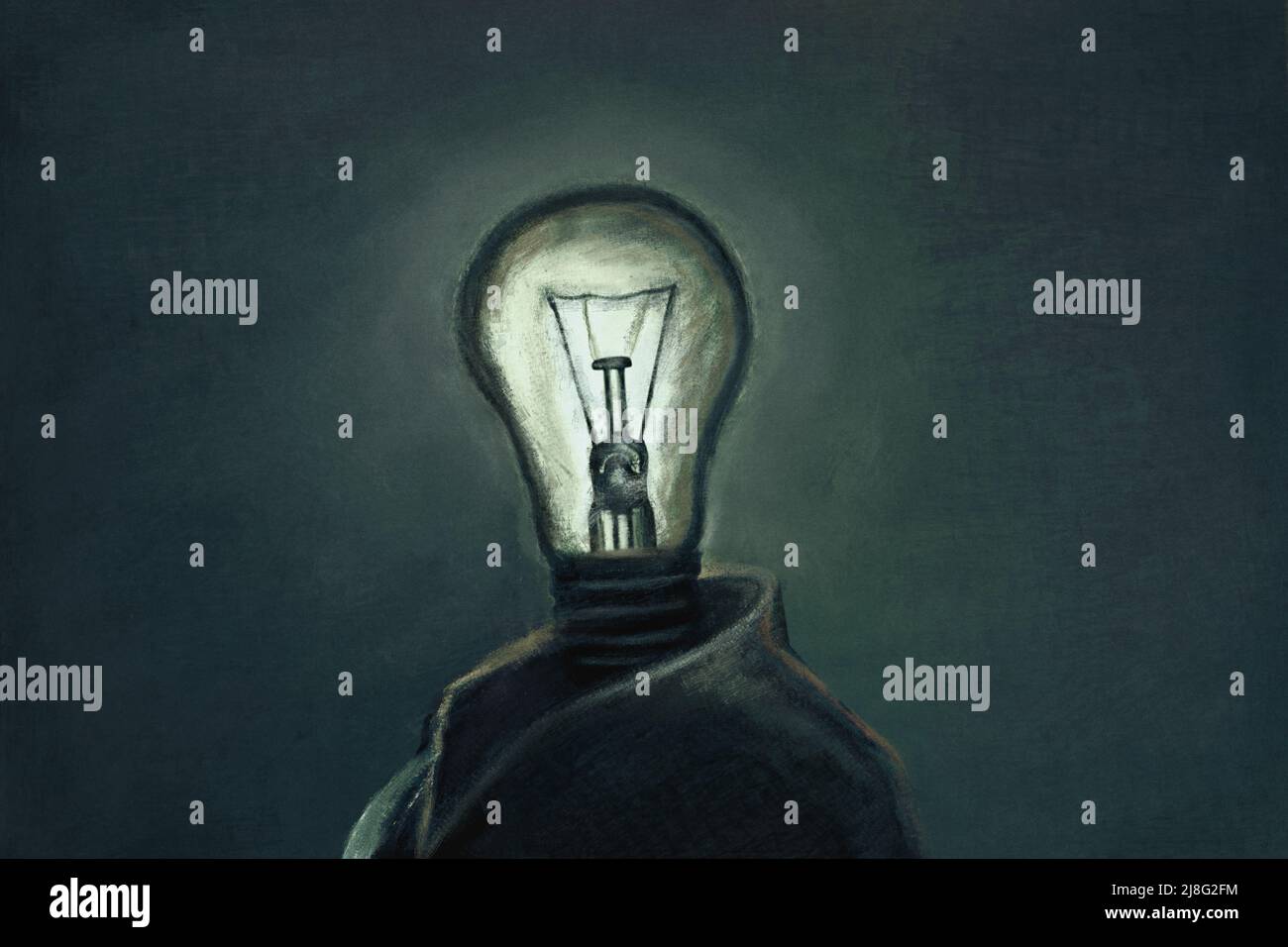 Porträt eines Geschäftsmanns mit Glühbirne im Kopf, Idee und Kreativität Stockfoto