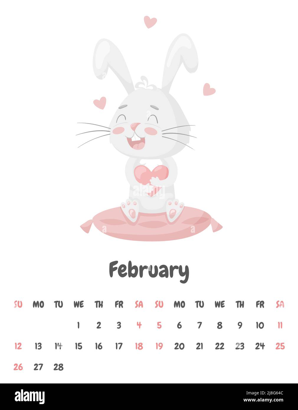 Kalenderseite für den Monat Februar 2023 mit einem niedlichen Kaninchen, das auf einem rosa Kissen sitzt und ein Herz hält. Valentinstag. Liebenswert Tier, Charakter Stock Vektor