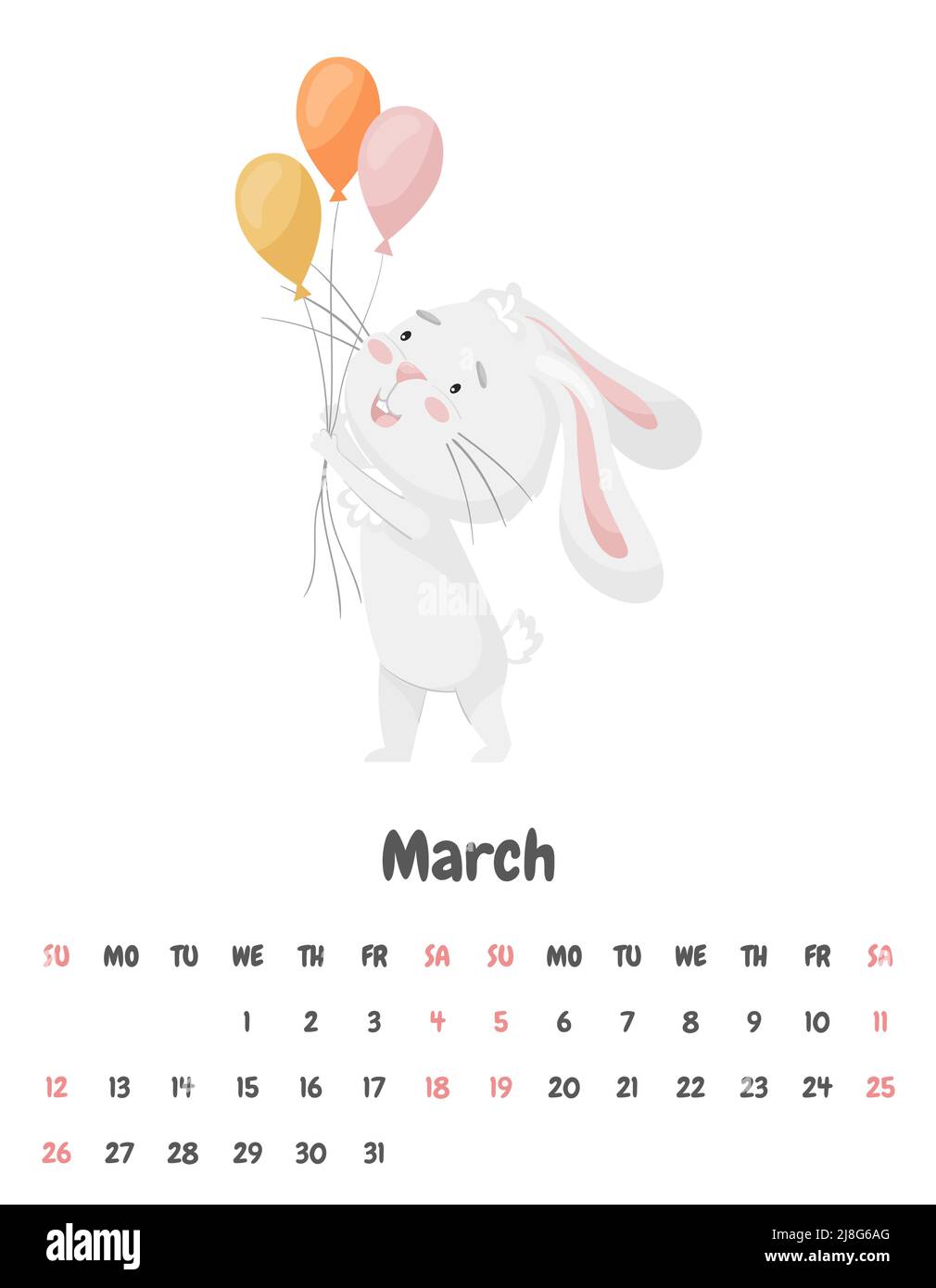 Die Kalenderseite für den Monat März 2023 mit einem niedlichen lächelnden Kaninchen, das festliche Ballons in den Pfoten hält. Entzückendes Tier, ein Charakter in Pastell Stock Vektor