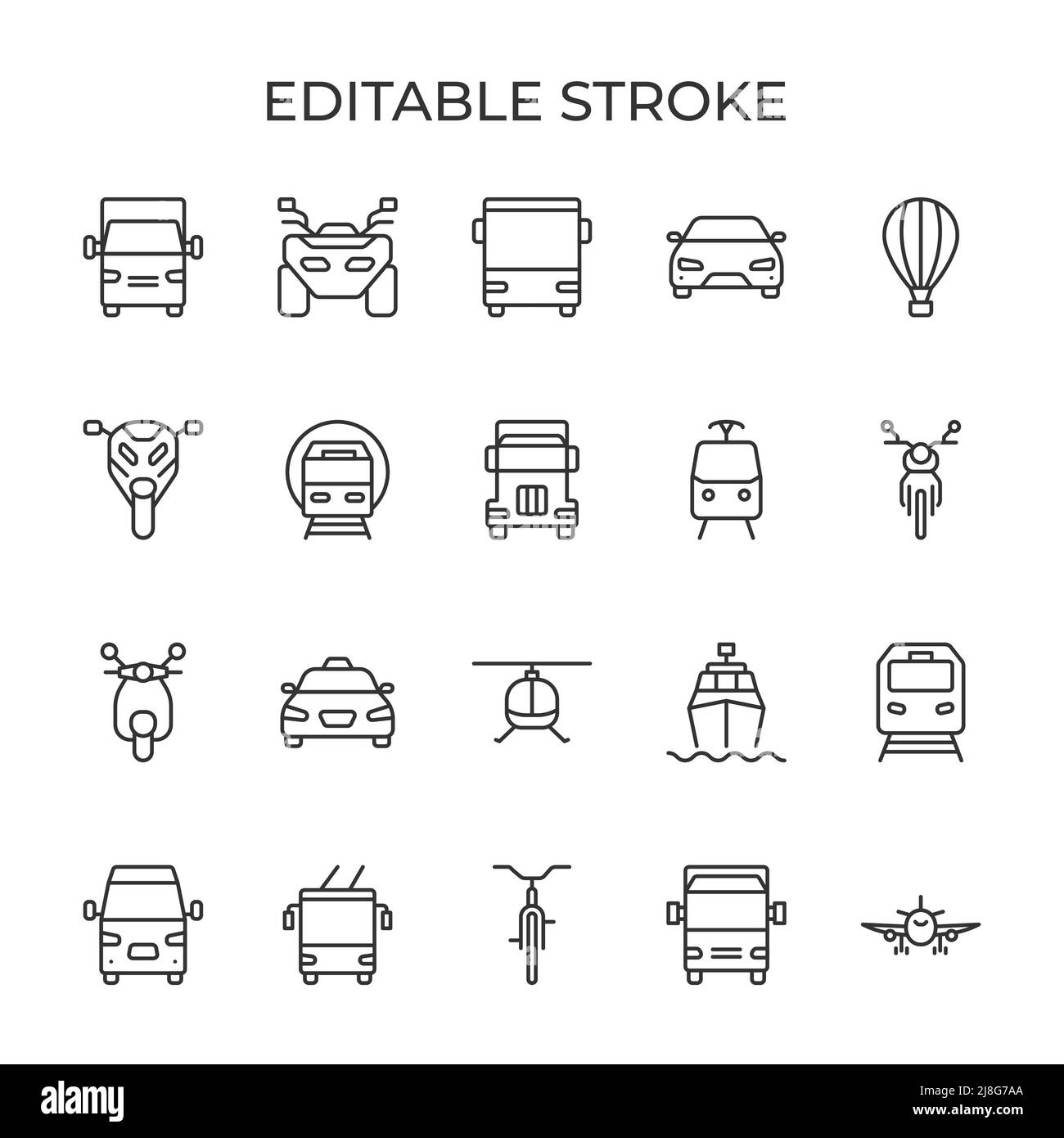 Symbole für die Vorderansicht des Transportes. Autos, Flugzeuge und Motorräder sind auch andere Typen. Wird für Carsharing, Vermietung und Reisen verwendet. Isolierte Vektordarstellung auf weißem Hintergrund. Bearbeitbare Kontur. Stock Vektor