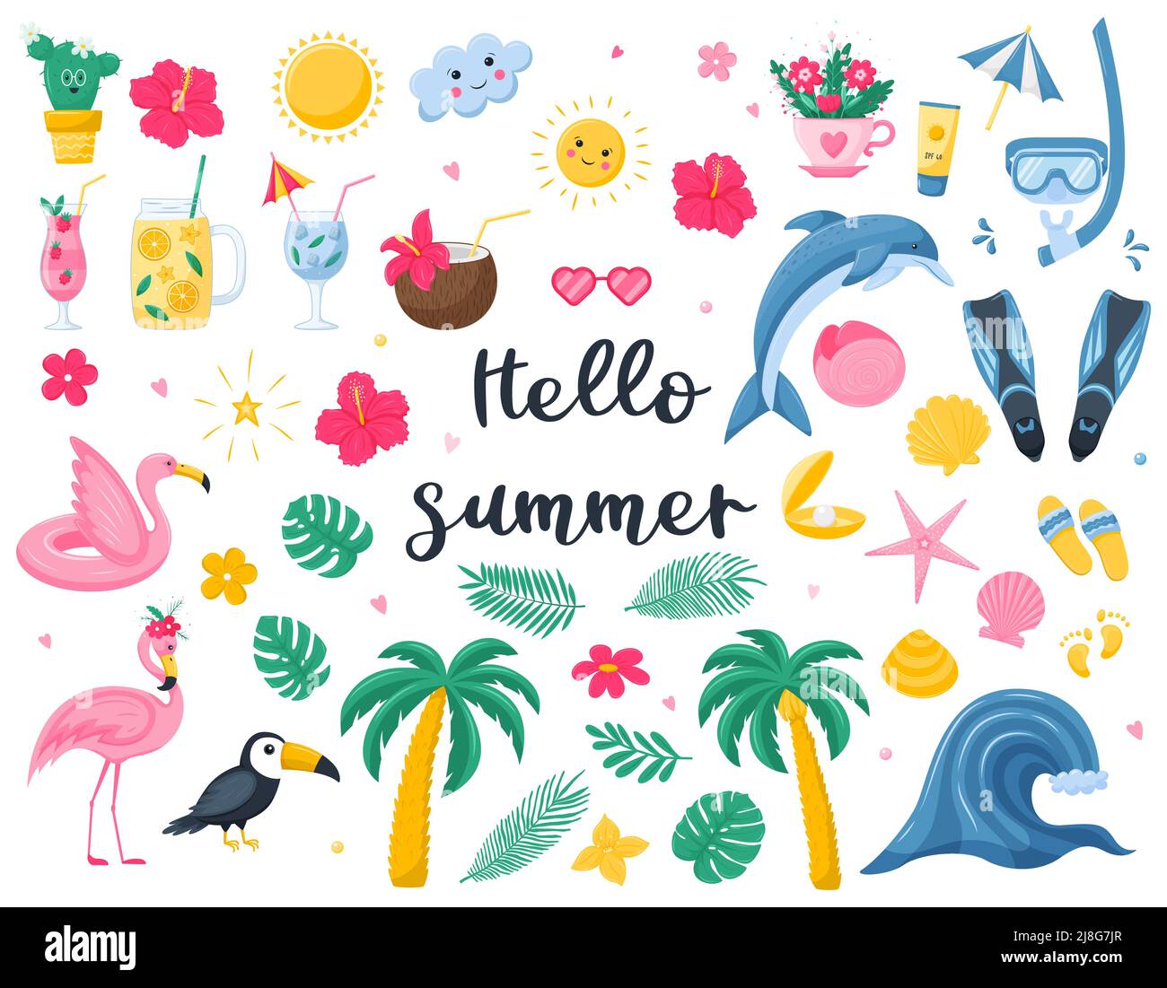 Eine Reihe von hellen Sommer dekorativen Elementen. Cocktails, botanische Elemente, Meerestiere, Flamingoschalen. Niedliche Vektor-Illustrationen in flachen Cartoon Stock Vektor