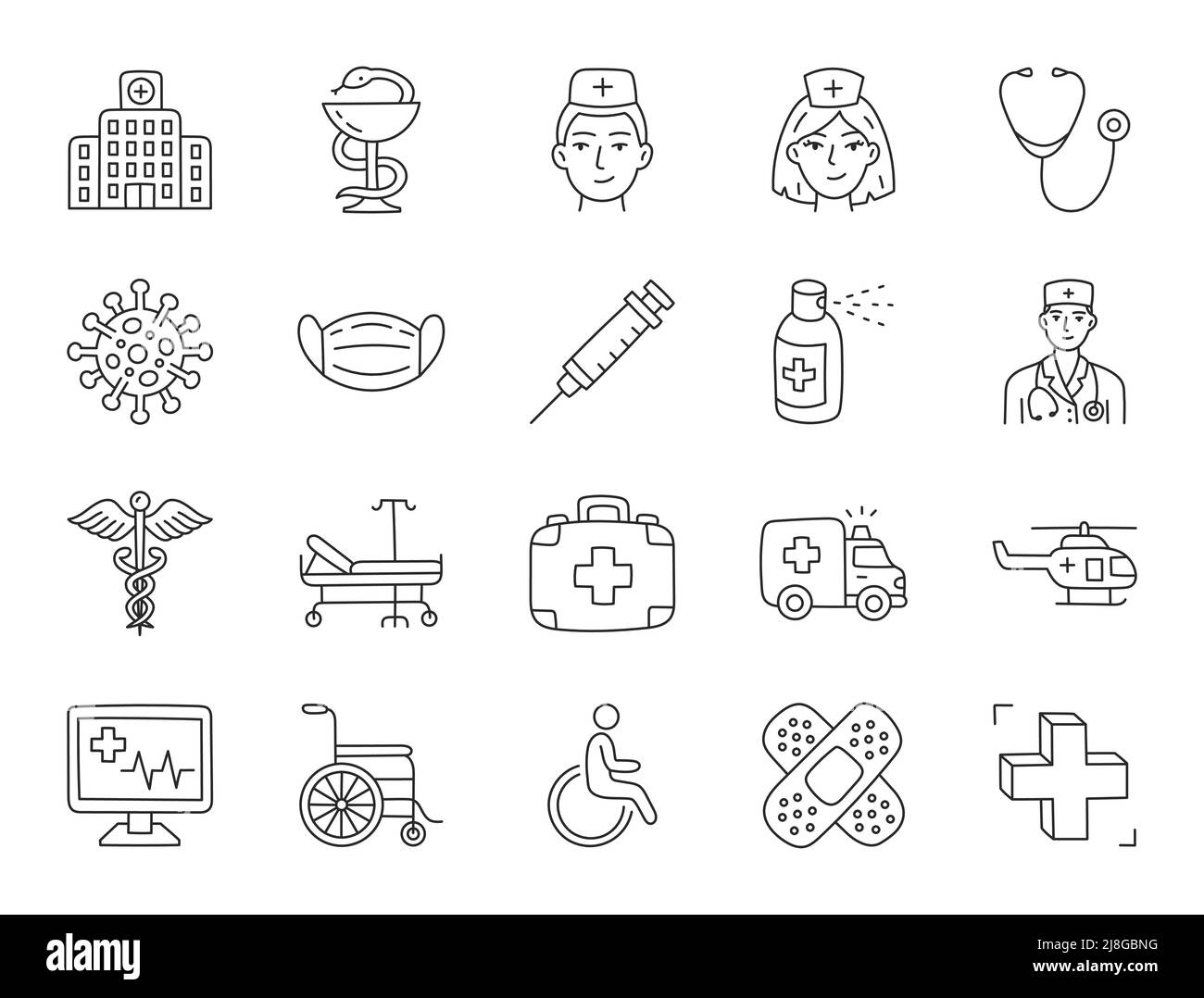 Abbildung des Doodles eines medizinischen Krankenhauses mit Symbolen - Arzt, Krankenschwester, Krankenwagen, Rollstuhl, Caduceus, Spray, Spritze, Schüssel hygeia, Apotheke. Dünn Stock Vektor