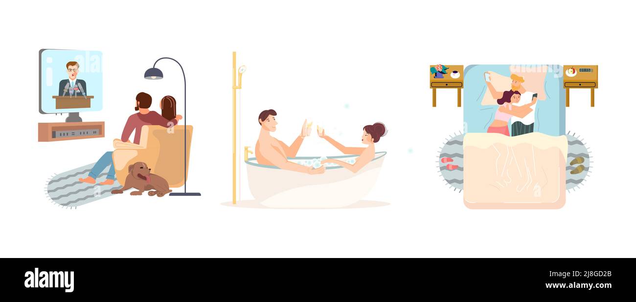 Ein Paar, Frau und Mann, verbringen ihre Zeit zusammen zu Hause Stock Vektor