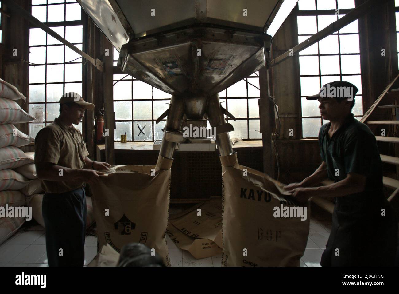 Arbeiter, die in der Teefabrik Kayu Aro im Dorf Kersik Tuo, Kayu Aro, Kerinci, Jambi, Indonesien, Teepulver in Papiersäcke packen. Stockfoto