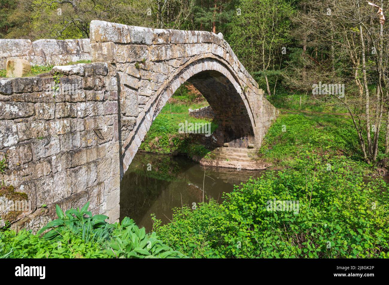 Beggars Bridge über den Fluss Esk in Glaisdale im North York Moors National Park Stockfoto