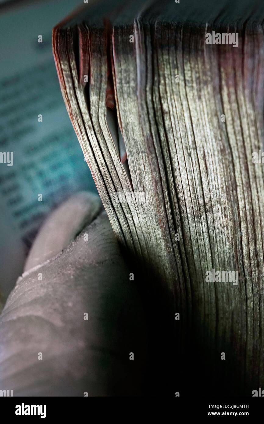 Einzelner Finger zwischen den Seiten der heiligen bibel Stockfoto