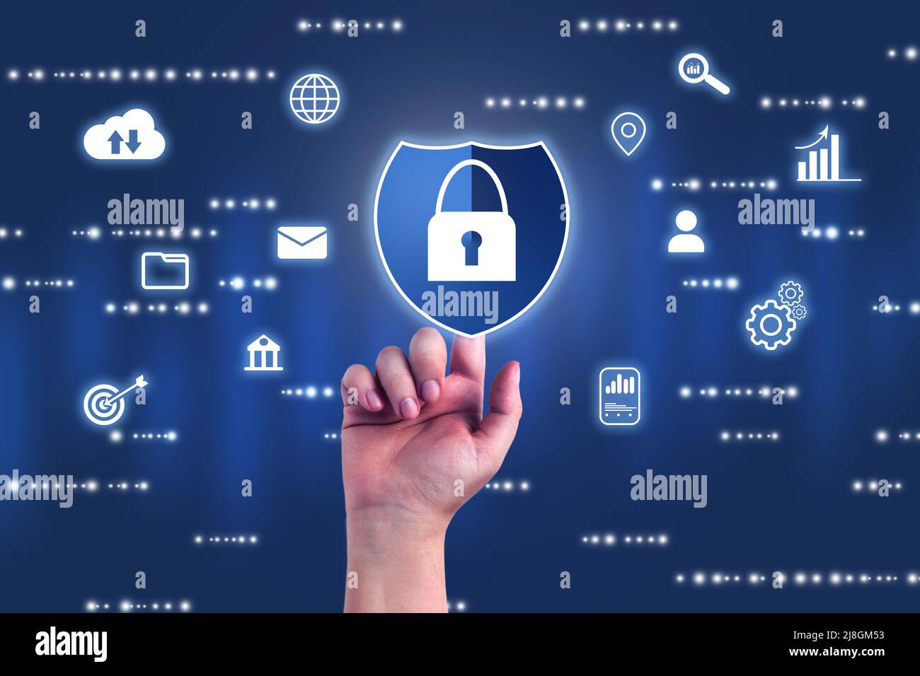 Blaue Verschlussblende mit Handberühre und digitaler Sicherheitsschnittstelle. Internet der Dinge. Cybersecurity-Konzept. Symbolschild mit einem Schloss-Symbol. Stockfoto