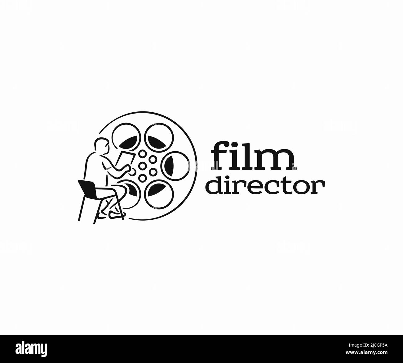 Der Regisseur sitzt auf einem Stuhl und arbeitet an einem Film-Logo-Design. Videoproduktion Studio Vektor. Regie-Befehle, Filmteam dreht Film Stock Vektor