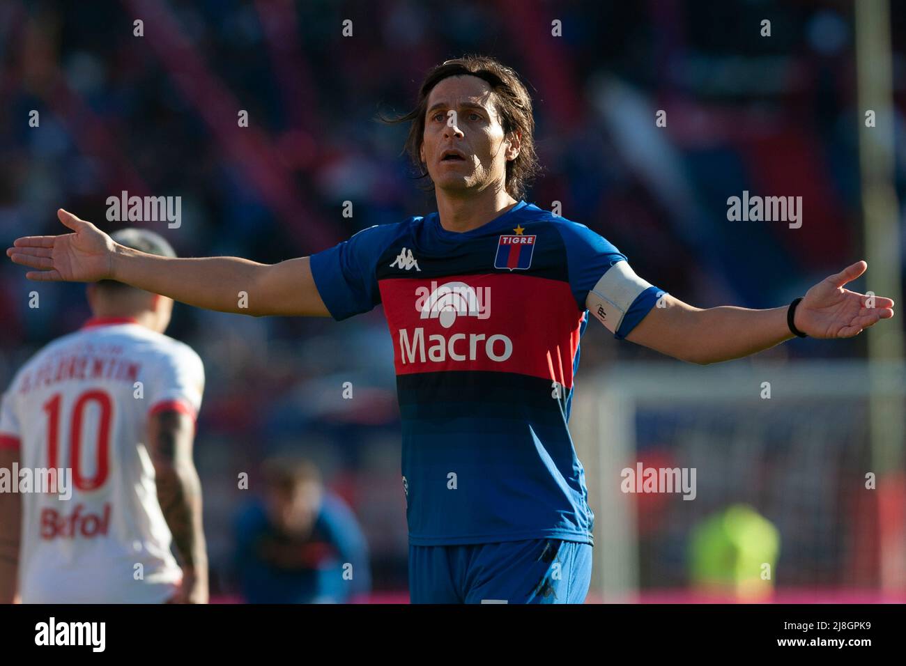 Buenos Aires, Argentinien. 15.. Mai 2022. Sebastian Prediger von Tigre reagiert während eines Halbfinalmatches der Copa De la Liga 2022 zwischen Tigre und argentinischen Junioren im Tomas Adolfo Duco Stadion.Endstand: Tigre 3:1 Argentinos Juniors Credit: SOPA Images Limited/Alamy Live News Stockfoto