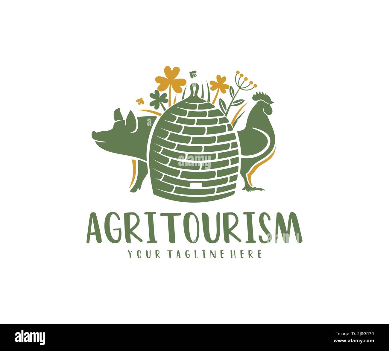 Agrotourismus, Bienenstock, Forbs, Schwein und Hahn, Logo-Design. Landwirtschaft, Landwirtschaft, Bienenzucht, Tierhaltung und Geflügelzucht, Vektordesign Stock Vektor