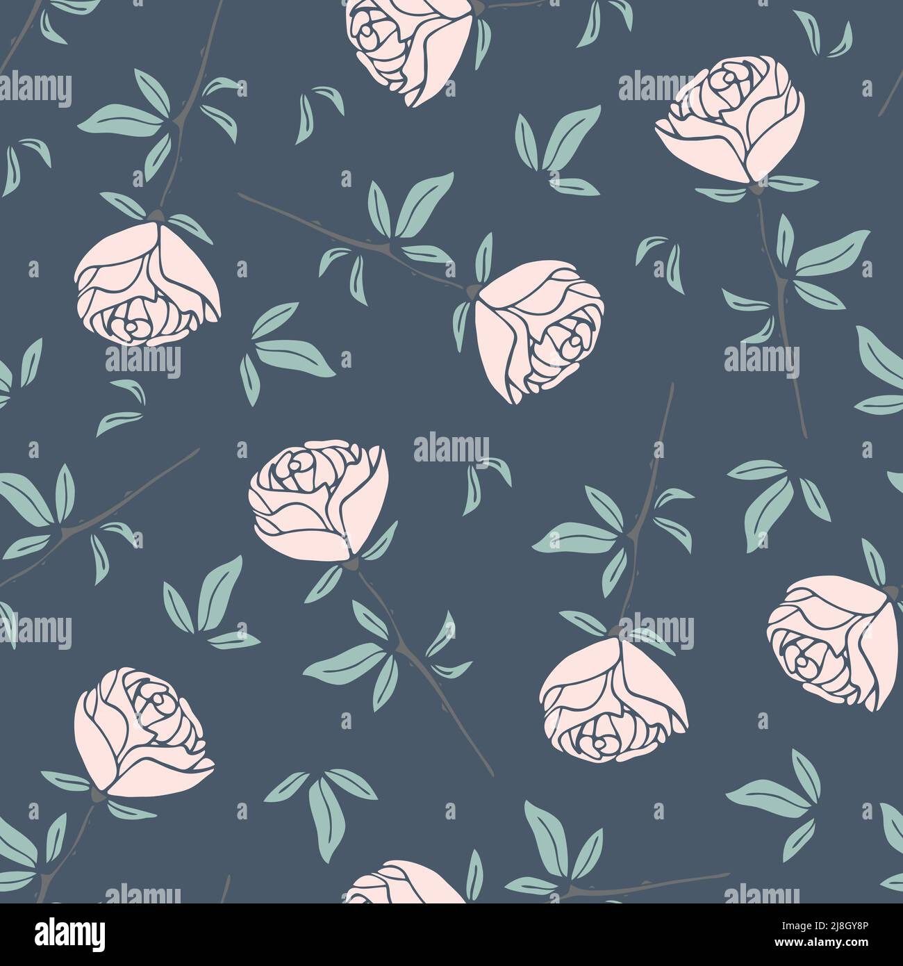 Nahtloses Vektor-Muster mit Rosen auf pastellblauem Hintergrund. Schlichtes romantisches florales Tapetendesign. Dekorative Valentinstag Mode Textil. Stock Vektor