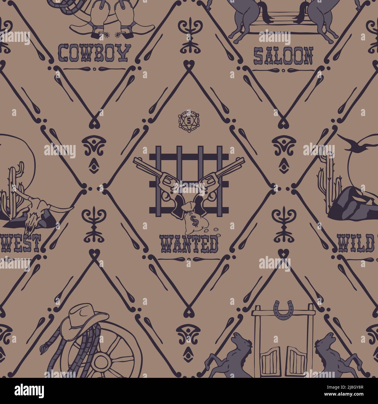 Nahtloses Vektormuster mit westlichen Symbolen auf beigem Hintergrund. Vintage wilden Westen Tapete Design. Dekorative Texas Fashion Textil. Stock Vektor