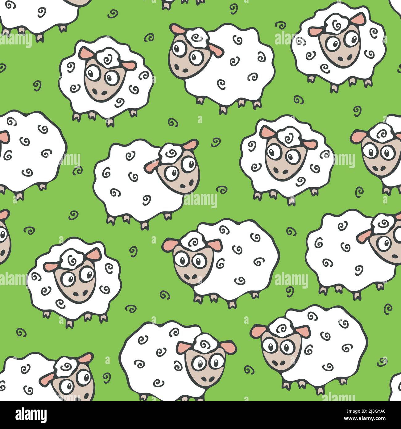 Nahtloses Vektor-Muster mit Schafen auf grünem Hintergrund. Cartoon Tier Tapete Design mit Lamm. Ideal für Kindermode, Textil, Stoff. Stock Vektor