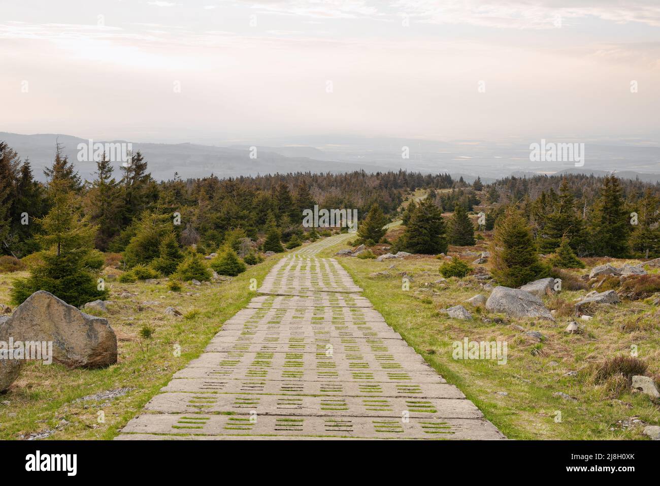 Brocken im Nationalpark Harz, Sachsen-Anhalt, Deutschland. Typische Wanderweglandschaft. Stockfoto