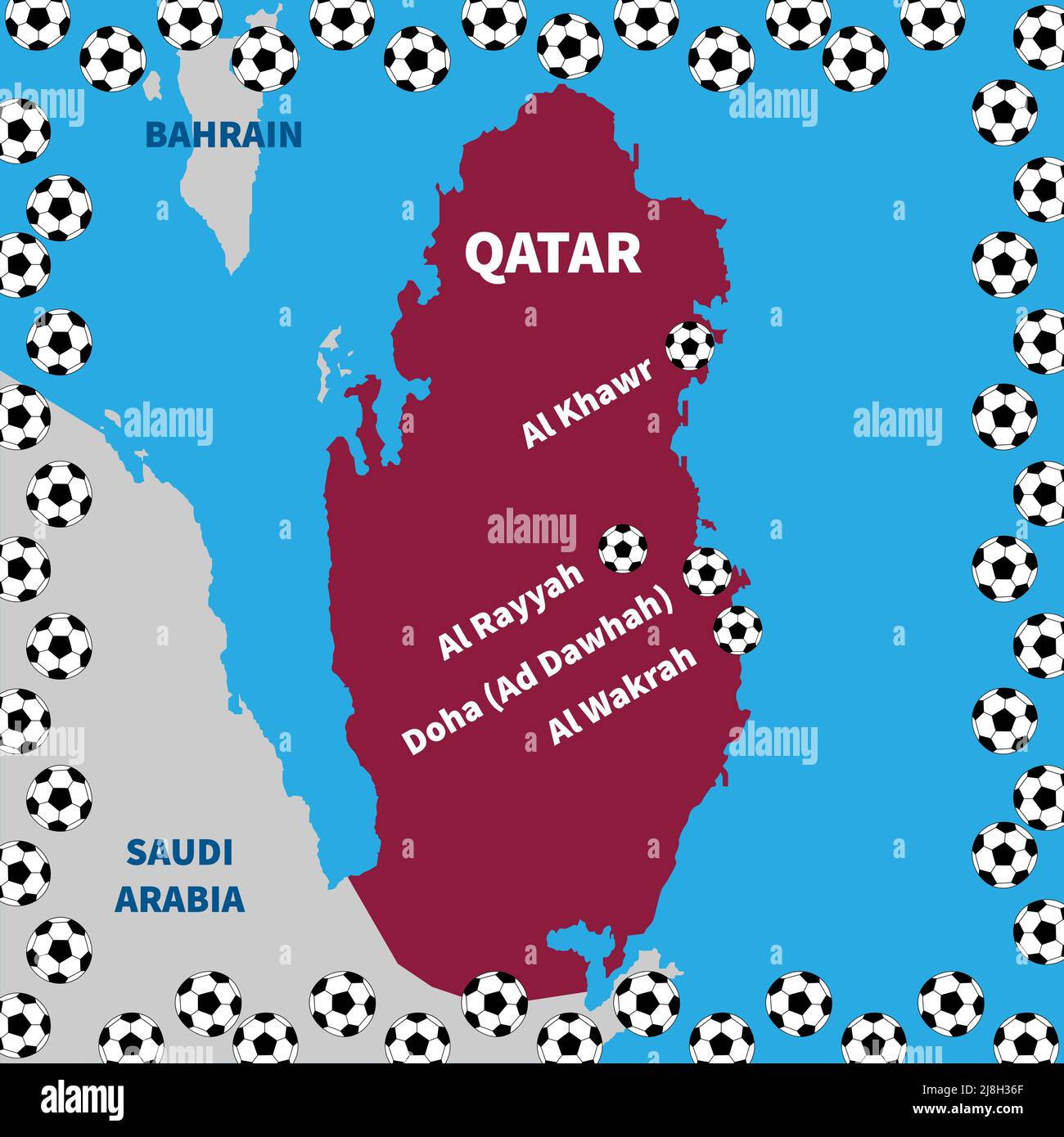 Fußballposter mit Rahmen für Fußballbälle. Kastanienbraun Farbe Katar Silhouette in der Mitte. Fünf Hauptstädte von Katar, die durch kreisförmige Fußballsymbole gekennzeichnet sind. S Stock Vektor