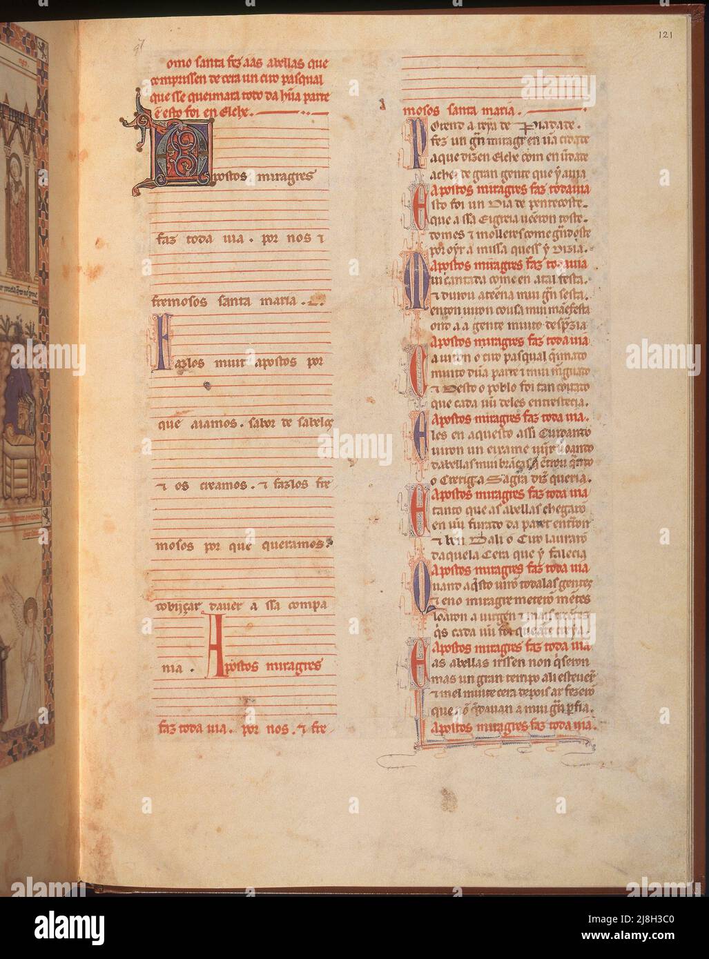 B.R.20- CANTIGA STA MARIA Nº211-F121R-TEXTO-ESTROFA DE VERSO GALAICO PORTUGUES- S XIII Autor: Alfonso X aus Kastilien. ORT: BIBLIOTECA NACIONAL COLECCIÓN. Florenz. ITALIEN. Stockfoto