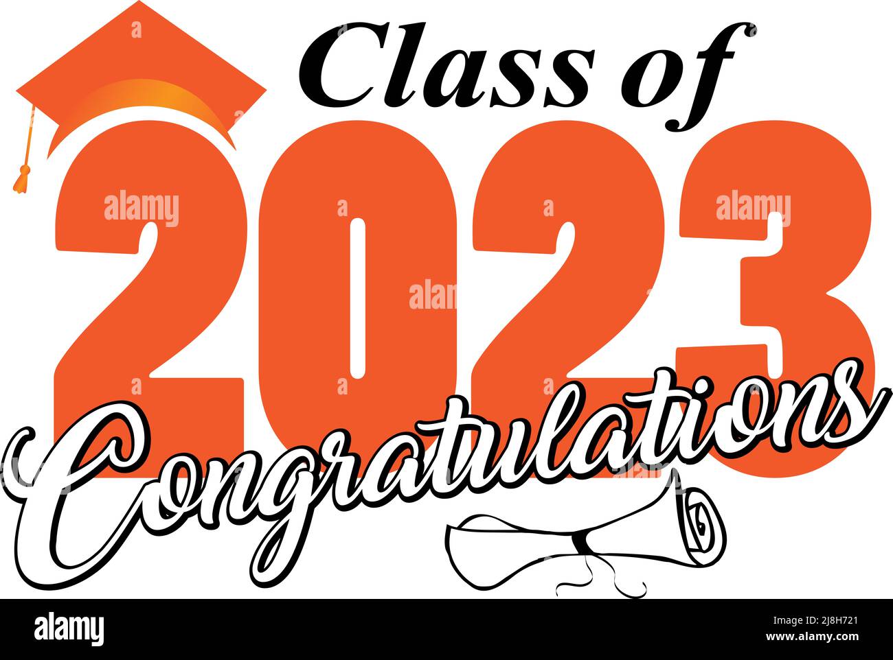 Klasse von 2023 Herzlichen Glückwunsch Orange und Schwarz Graphic Stockfoto