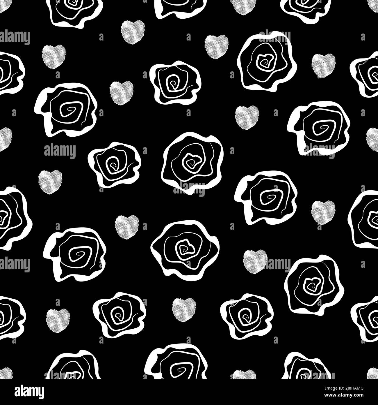 Weiße Rosen und Herzen auf schwarzem Hintergrund, nahtloses Muster Stock Vektor