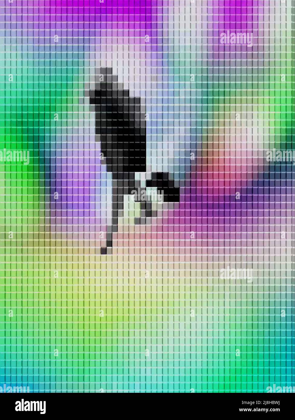 Reisende Silhouette mit fahrbaren Koffer in einer psychedelische Landschaft. Pixelkunst Stockfoto