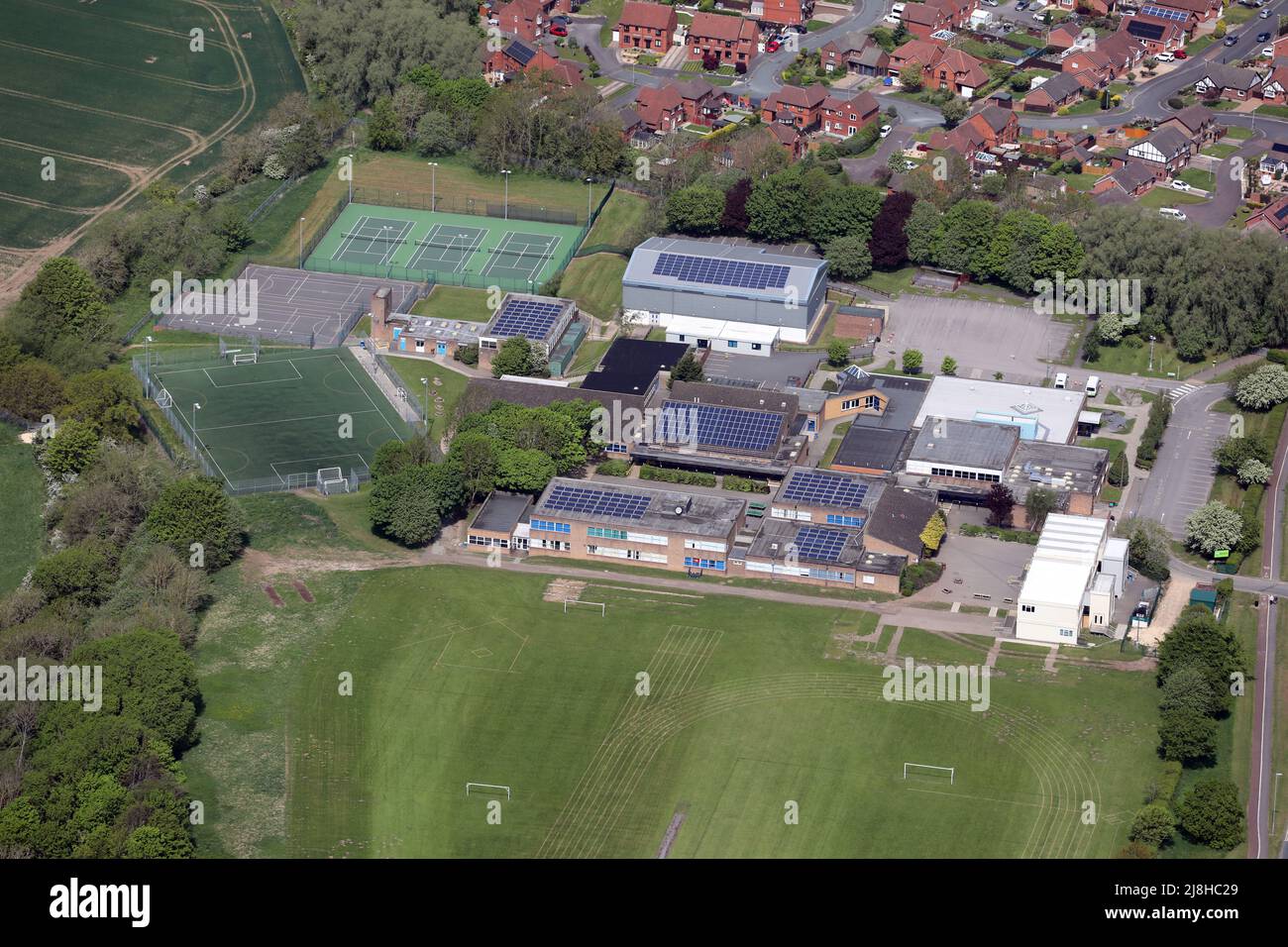 Luftaufnahme des Greenfield Community College eine spezialisierte Arts & Science School, eine weiterführende Schule Stockfoto