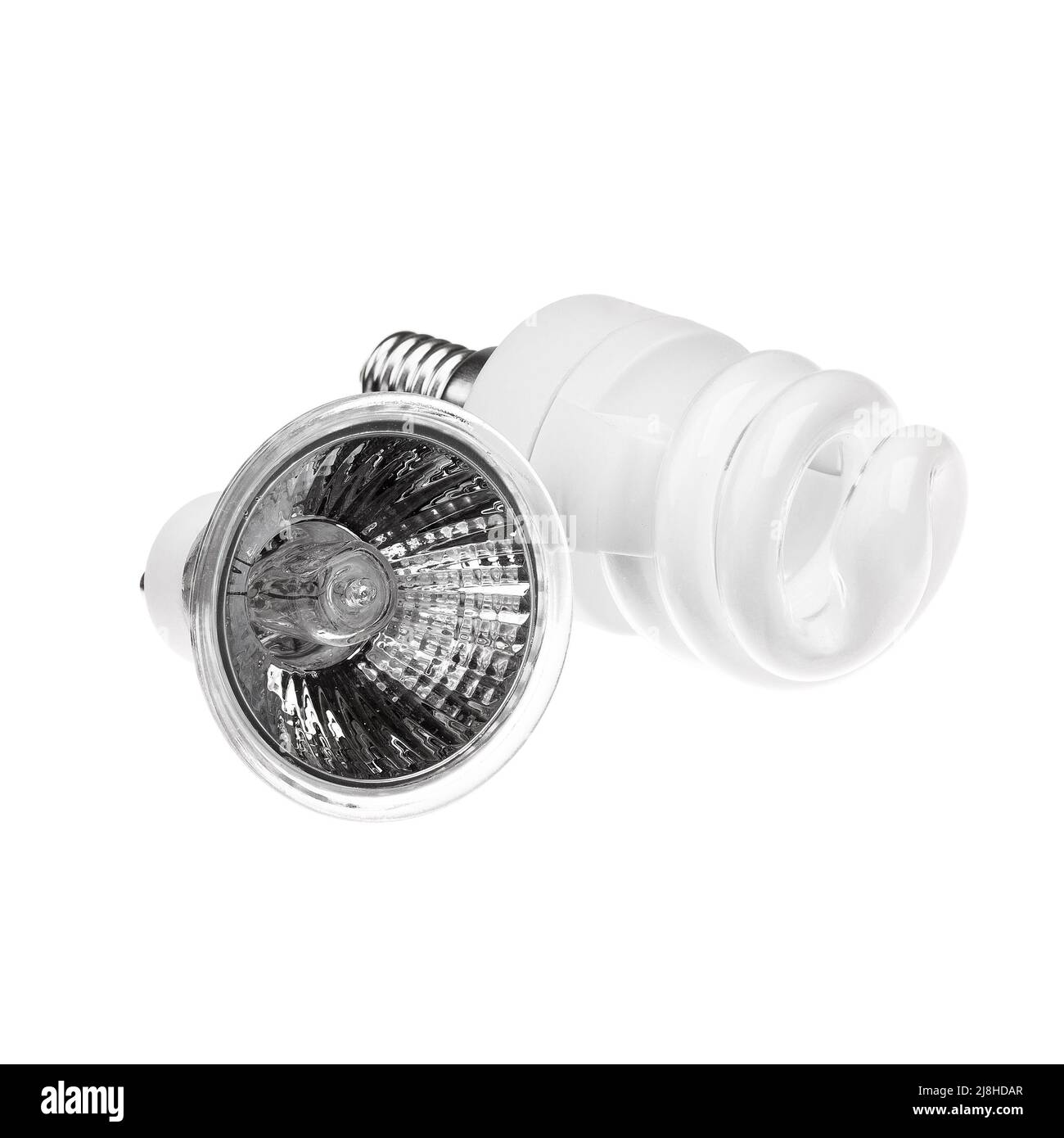 Drei Energiesparlampen, sie ist auf weißem Hintergrund isoliert. Stockfoto