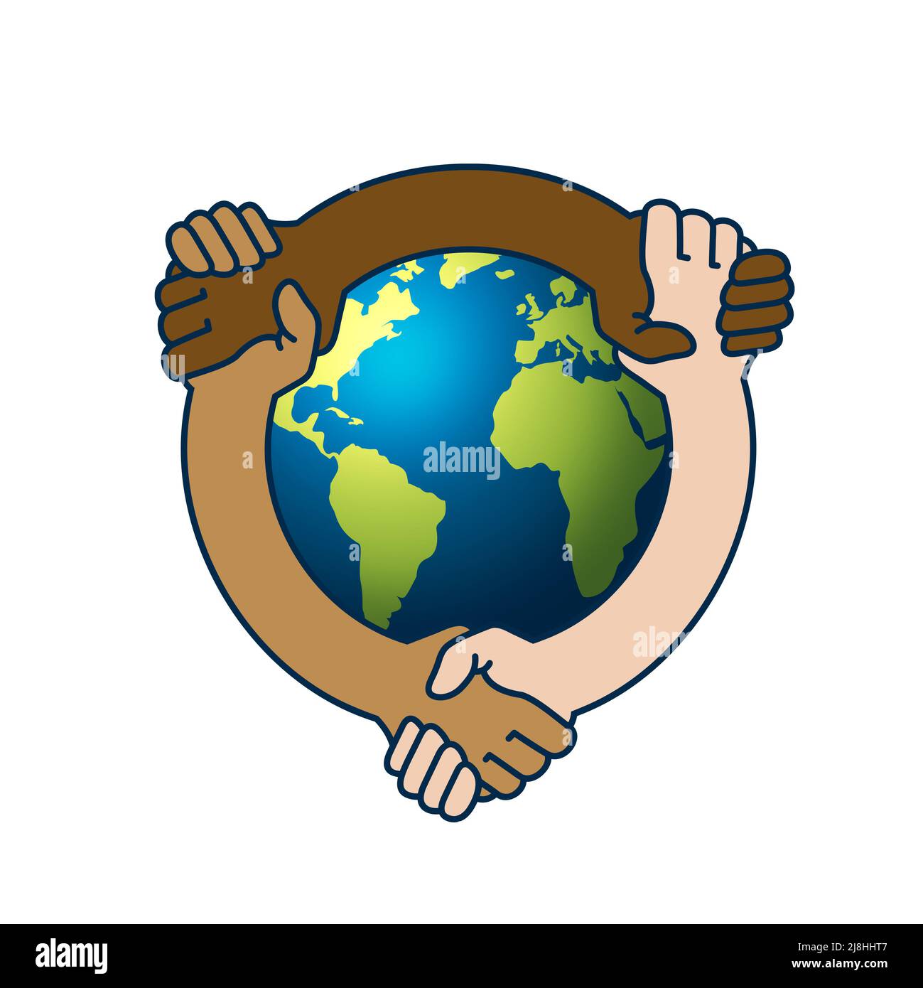 Symbol für Vielfalt und Frieden. Gegenseitige Hilfe, Solidarität, Einheit für das Klima Vielfalt und Integration , Hände in der ganzen Welt halten . Grüne Erde Stockfoto