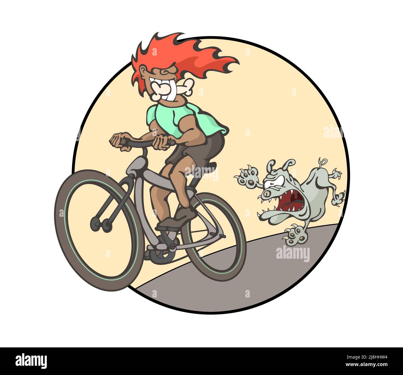 Kreative Illustration eines jungen Mannes, der ein Fahrrad fährt, lächelnd. Lustig wütend Hund läuft hinter, jagen einen Knochen. Cool Sport , Mountainbiken , furchtlos Stockfoto