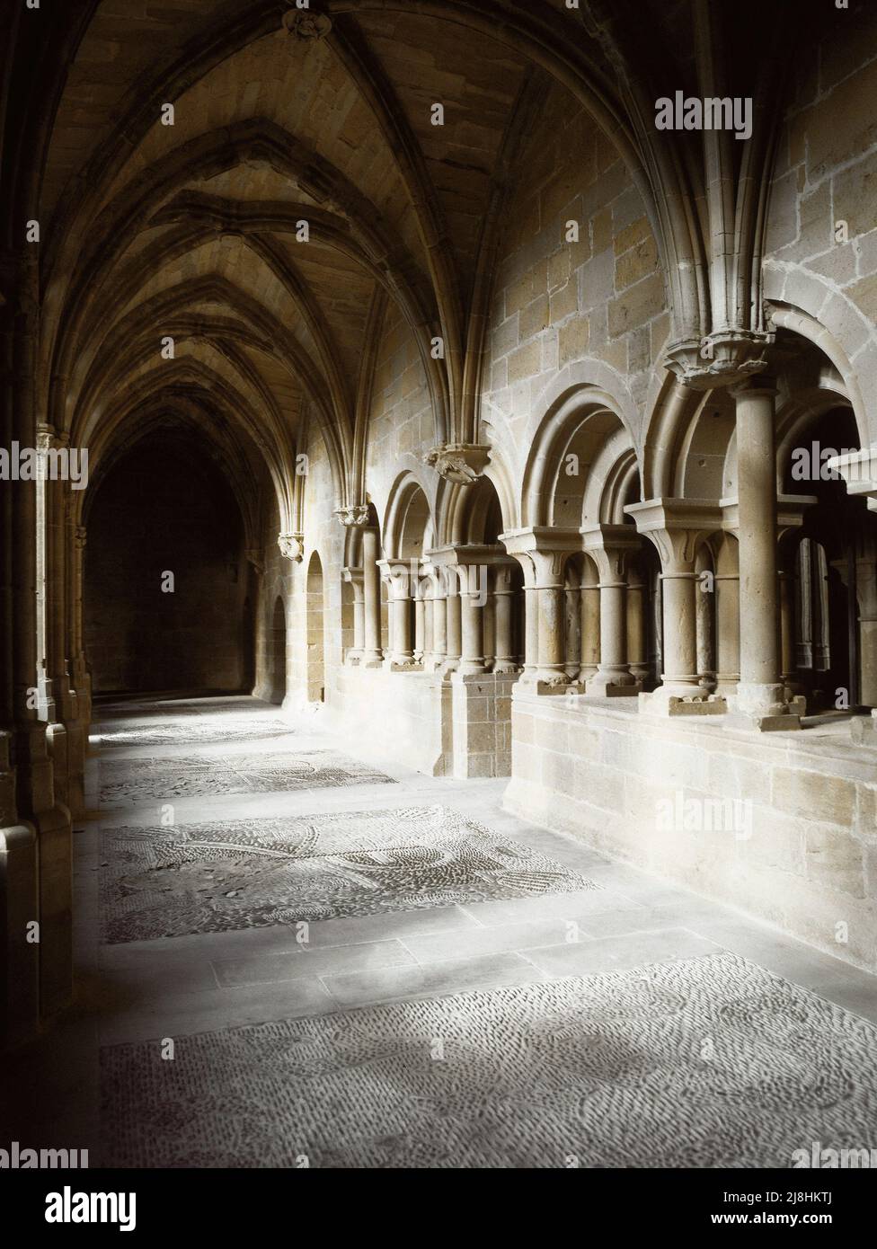 Spanien, Navarra, Carcastillo. Kloster La Oliva. Gotische Galerie des Kreuzgangs, neben dem Kapitelhaus. Stockfoto