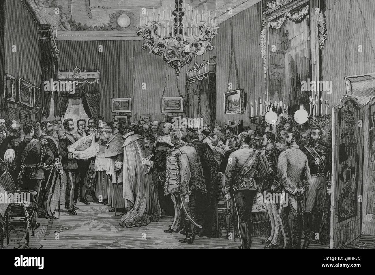 Spanien. Regierungszeit von Alfonso XII. Offizielle Übergabe der Neugeborenen, der Infantin Doña Maria Teresa (1882-1912), durch König Alfonso XII. An das diplomatische Korps und hohe Würdenträger des Staates wenige Stunden nach ihrer Geburt am 12. November. Stich von Rico, 188 Stockfoto
