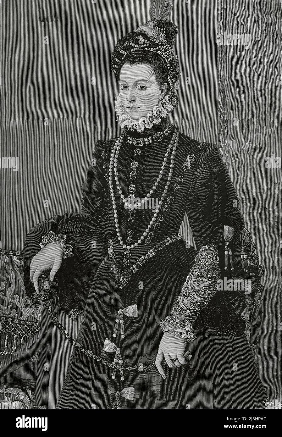 Elisabeth von Valois (1546-1568). Dritte Frau von König Philipp II. Von Spanien und Königin Gemahlin von Spanien. Stich von Vela, 1882. Stockfoto