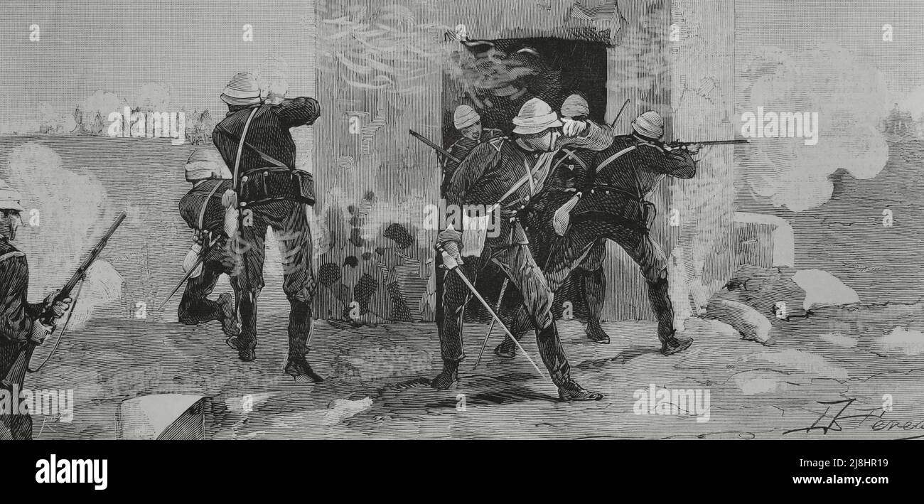 Eroberung Ägyptens durch britische Truppen, 1882. Ramdeh Station. Erster Gefecht an Land zwischen britischen und ägyptischen Soldaten, am 24. Juli 1882. Gravur von Rico. Stockfoto
