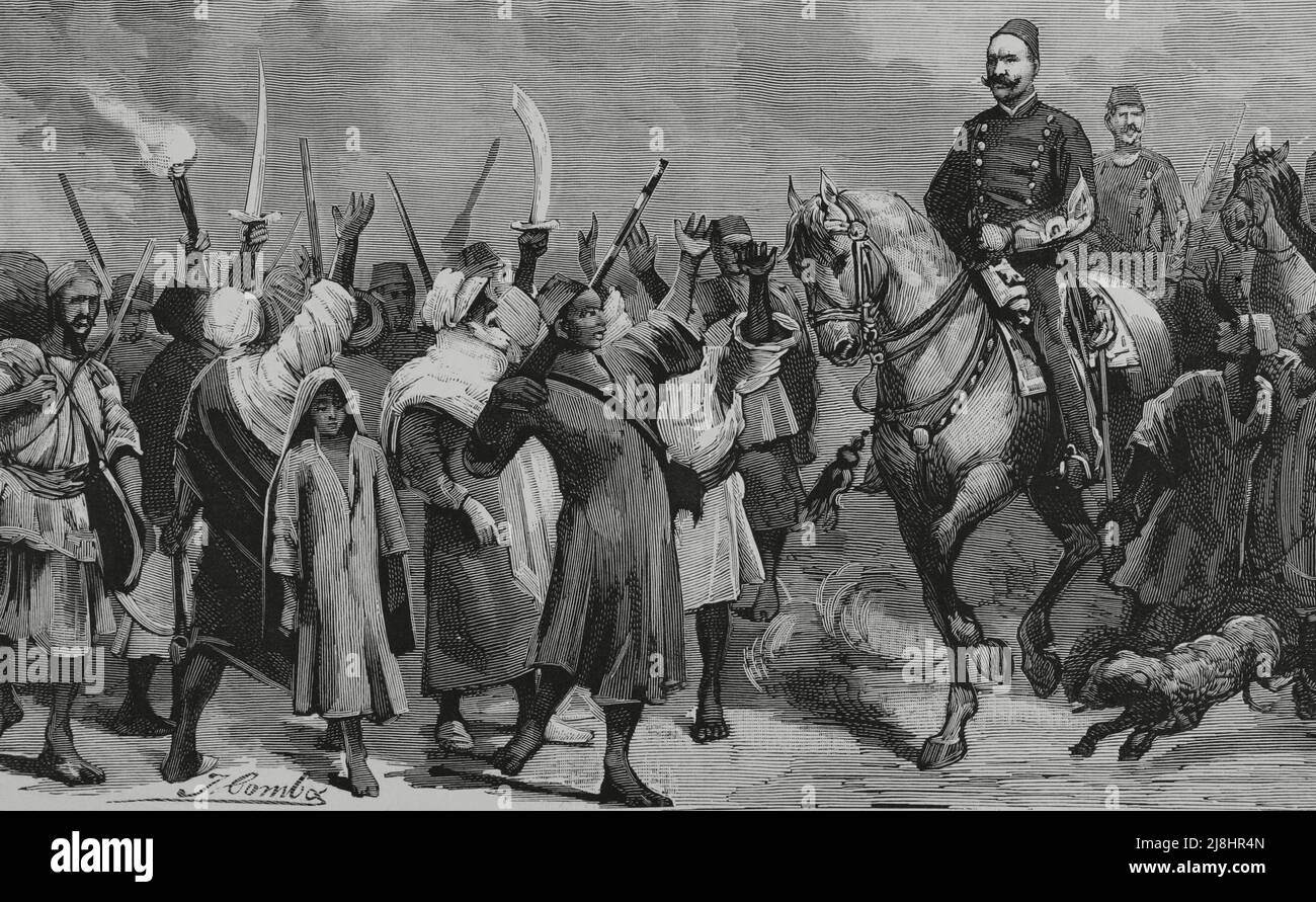 Militärische Intervention und Eroberung Ägyptens durch die Briten. Der ägyptische Staatschef Ahmed 'Urabi oder Ahmed Orabi (1841-1911), der seine Truppen anführte, auf dem marsch zum befestigten Lager von Kafr Dowar. Gravur, 1882. Stockfoto