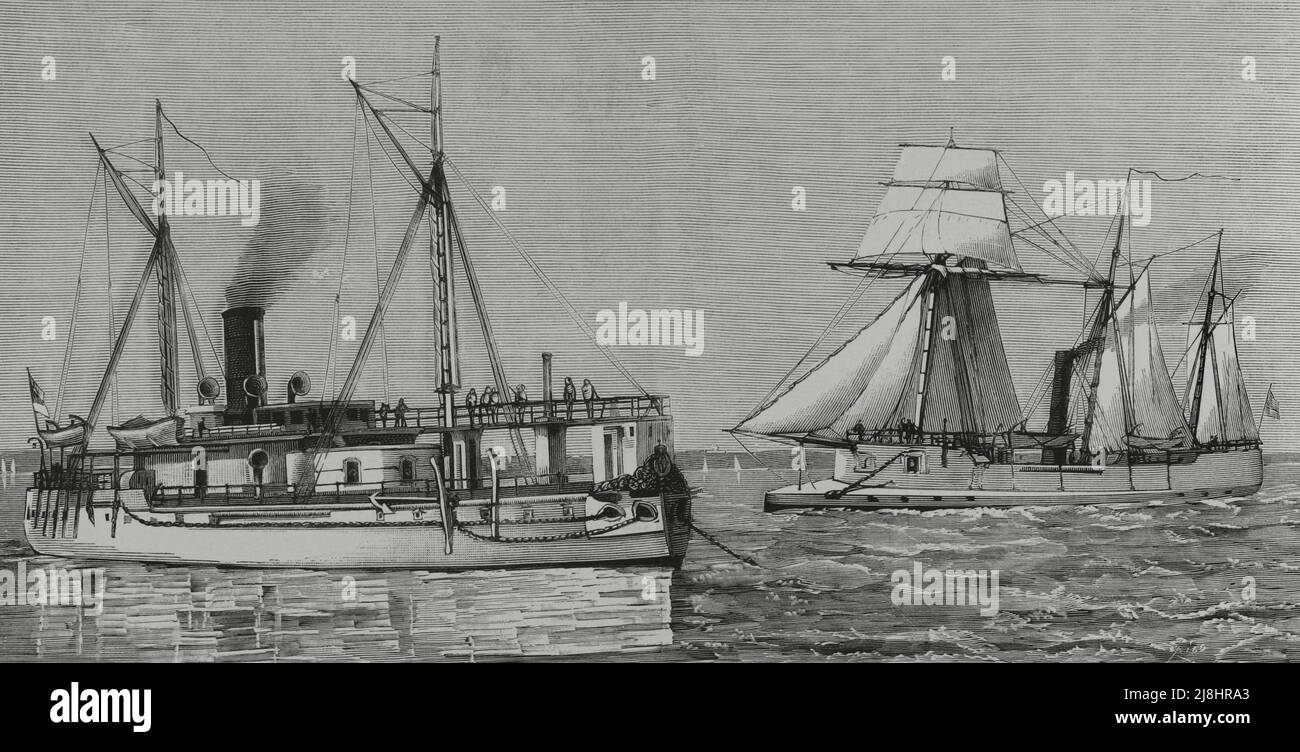 Ägypten. Suezkanal. Die britischen Kanonenboote „Hotspur“ und „Don“, die dazu bestimmt sind, die Sicherheit des Kanals zu schützen. Stich von Rico, 1882. Stockfoto