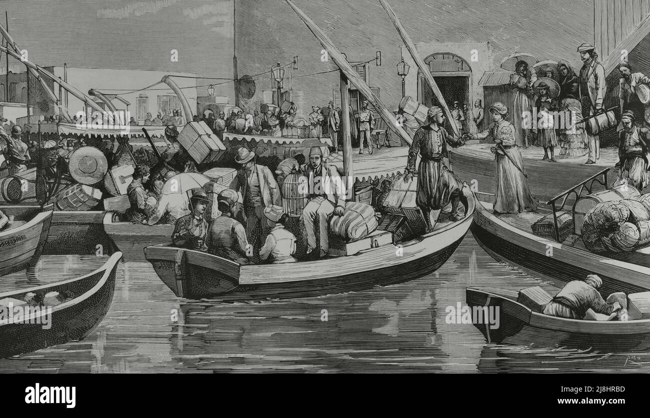 Egyp, Alexandria. Die britische Mannschaft eröffnete am 11. Juli das Feuer auf die Stadt und besetzte sie. Europäische Familien verließen Alexandria, als die Bombardierung unmittelbar bevorstand. Stich von Rico, 1882. Stockfoto